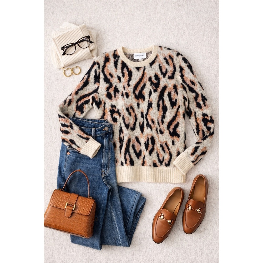 Derek Lam 10 Crosby Beige Evan Leopard Alpaca Knit Pullover Sweater Size XS